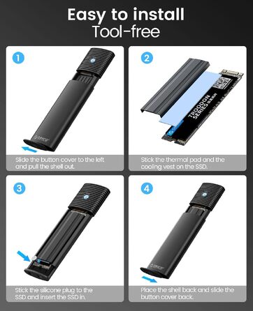 Зовнішній корпус-адаптер ORICO для M.2 NVMe та SATA SSD, USB 3.2 Gen 2 10Gbps, PCIe/NGFF B+M Key (2230/2242/2260/2280), алюмінієвий, без інструментів, PWDM2-BK, чорний