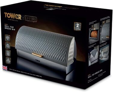 Хлібниця Tower Empire з роликовим кришкою, нержавіюча сталь, сірий колір, з латунними деталями