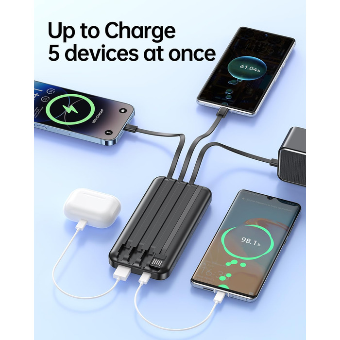 Power Bank 15000mAh з 4 кабелями, портативний зарядний пристрій 22.5W PD20W USB-C для iPhone, Samsung, Huawei та інших пристроїв. LED-індикатор.