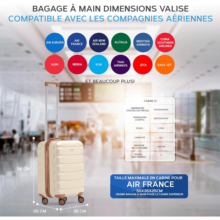 Чотирьохколісний валіза Flight Knight ABS з жорстким корпусом, ручна поклажа, розмір для авіакомпаній (British Airways, EasyJet), 56x45x25 см (55x35x25 см TSA), кремовий/бежевий колір