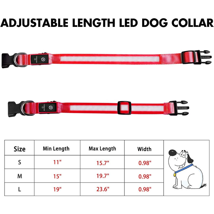 Світловідбиваючий нашийник для собак MABRILL з LED-підсвічуванням, перезаряджається, водонепроникний, для малих, середніх та великих собак, 3 режими світла, червоний (L)