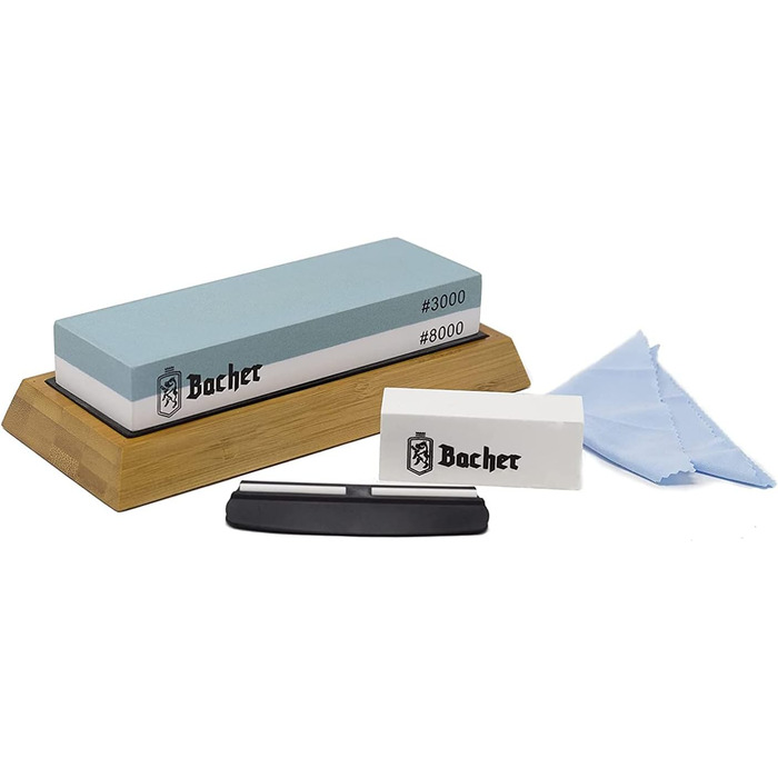 Преміум точильний камінь Bacher. Двосторонній, зернистість 400/1000. Точильний камінь для ножів з антиковзним бамбуковим блоком, для заточування ножів, з інструкцією. Зернистість 400/1000 (3000/8000)