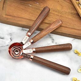 4-piece stainless steel measuring cup with wooden handle, measuring spoons, gold-plated measuring spoon set for baking in the kitchen (Size: Measuring Cup) (Measuring spoons in rose gold)