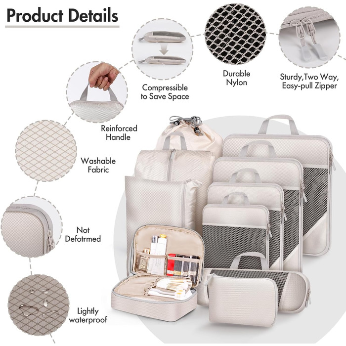 Набір органайзерів для валізи 10 шт. Packing Cubes з компресією, бежевий - органайзери для подорожей, сумки для одягу