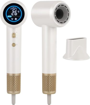 BESTBOMG Фен для волосся з LED-дисплеєм, 160 000 об/хв безщітковий двигун, 500 млн негативних іонів, тиха робота (білий)