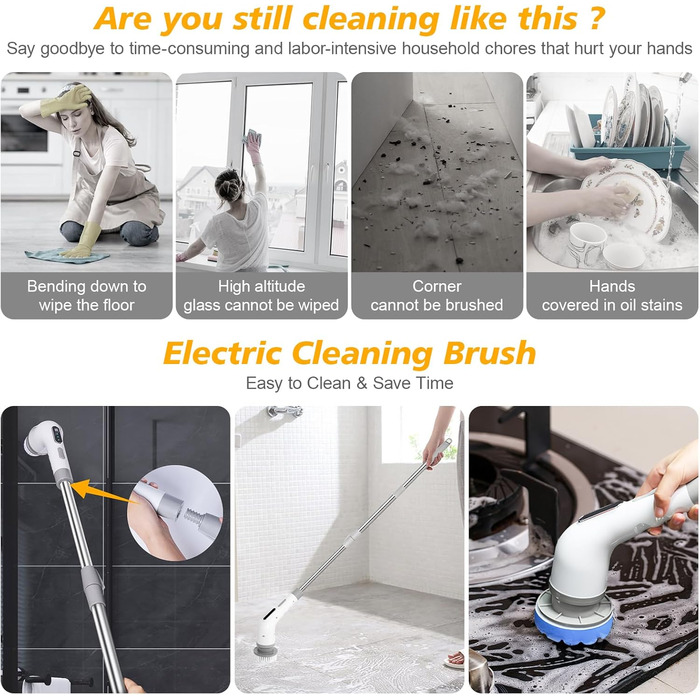 Електрична щітка для прибирання 9 в 1, 3 швидкості, регульована ручка 125 см, для ванної, кухні, плитки та авто