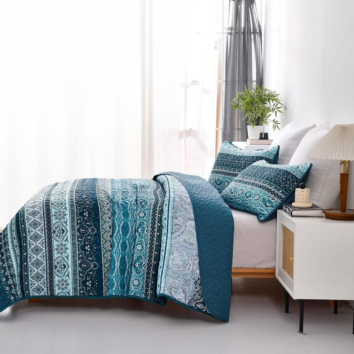 WONGS BEDDING Bedspread 220x240 Bed Cover Bohemian Quilt Steppdecke 3-Piece Double Bed Quilted Bedspread Microfiber Throw Blanket with 2 Pillowcases 50x70 for Bedroom as Sofa Cover (Bohemian) (200x220 cm, Dark Blue)