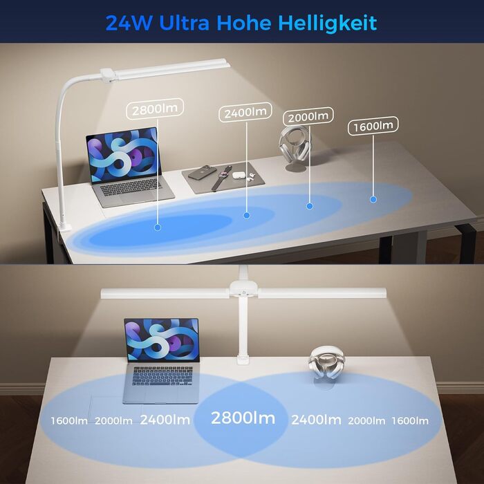 Світлодіодна настільна лампа з димером LED 24W, 1400LM, подвійний гнучкий винос, пульт, USB зарядка, білий колір T01