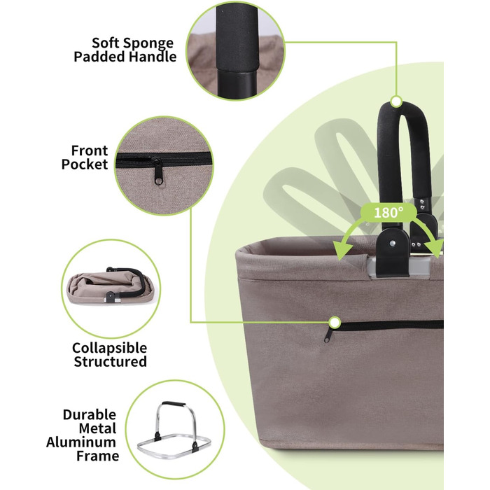 Складаний кошик для покупок 35L з 2 стійками, стабільний сімейний кошик з алюмінієвою ручкою, водонепроникний кошик для пікніка, практичний кошик для перенесення, великий для подорожей, кемпінгу, покупок, подарунка - Хакі