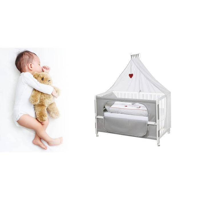Crib Attachment Bed 60 x 120 cm - Adam & Eule Room Bed - Baby cot to be attached to parent's bed - Includes mattress, bedding, canopy - Mobile & Height adjustable - Wood white / Adam & Eule 126L x 66W x 157H cm