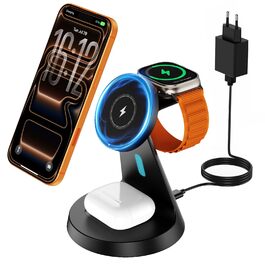 Зарядна станція JoyGeek 3-в-1 для Apple Watch, iPhone (MagSafe) та AirPods. Бездротовий зарядний пристрій для швидкої зарядки iPhone 12-15, iWatch Series 2-Ultra/SE, Airpods 2-4. Чорний.