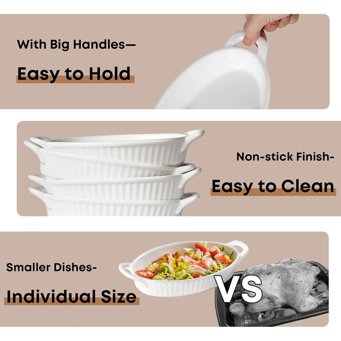 Frewinky Au Gratin Casserole Dish Set, Ceramic, with Handles, Heat-Resistant, Mini Casserole Dishes for Oven, Oval Porcelain Baking Dishes for Gratin, Casseroles and Roasting, 4-Piece Set, White 4 PCS White (Soft White)