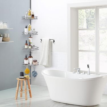 Hoomtaook Telescopic Shower Shelf, Shower Caddy Without Drilling Corner Stainless Steel Corner Shelf with 4 Shower Baskets, Telescopic Shelf Bathroom Height Adjustable 85-325cm for Bathroom and Kitchen, Grey