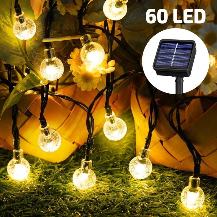 Сонячна гірлянда для вулиці, 60 LED, 13.2м, 8 режимів, IP65, тепле світло. Декорація для балкона, тераси, саду, ялинки.