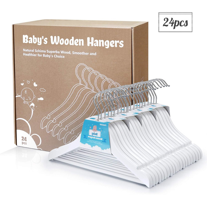 Дерев'яні вішалки для дитячого одягу Homewit, 24 шт. з вирізами для спідниць та штанів, 360° обертання, для дівчаток та хлопчиків, білі, 30 см