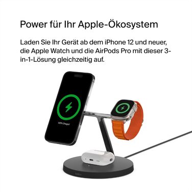 Belkin MagSafe 3-в-1 Бездротова Зарядка: Швидка Зарядка для iPhone, Apple Watch та AirPods (15W) - Чорний