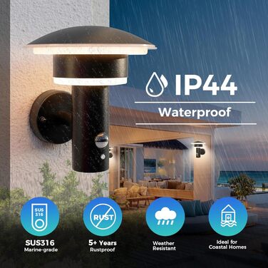 LED вуличний світильник з датчиком руху та сутінками, IP44, нержавіюча сталь SUS316, тепле світло 3000K, 1000LM, 9W, 18.7x17.5x19cm, чорний