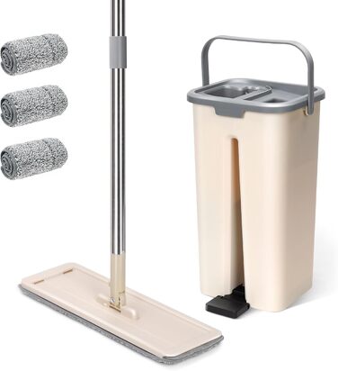Набір для миття підлоги з відром, Masthome: компактний моп з відром та вичавкою, 3 мікрофібрових насадок, нержавіюча сталь, 2-в-1, для дерев'яних, плиткових та мармурових підлог, бежевий, 2.9л