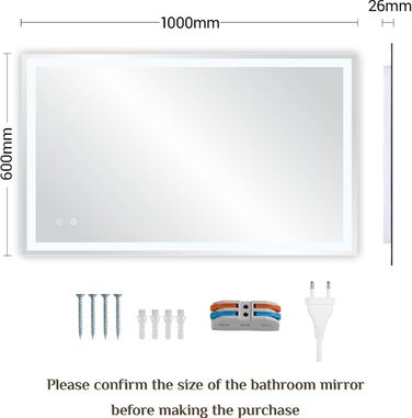 Дзеркало для ванної кімнати Clevich з підсвічуванням 70x50 см, LED, 3 кольори світла, регулювання яскравості, захисне скло, сенсорне керування, функція пам'яті, антизапар, 100x60 см