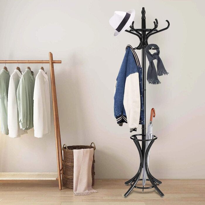 GIANTEX Coat Rack with Umbrella Stand, Clothes Rack Wood with 12 Clothes Hooks, Coat Tree Wood Freestanding, Standing Coat Rack for Entryway Living Room (white) (black)