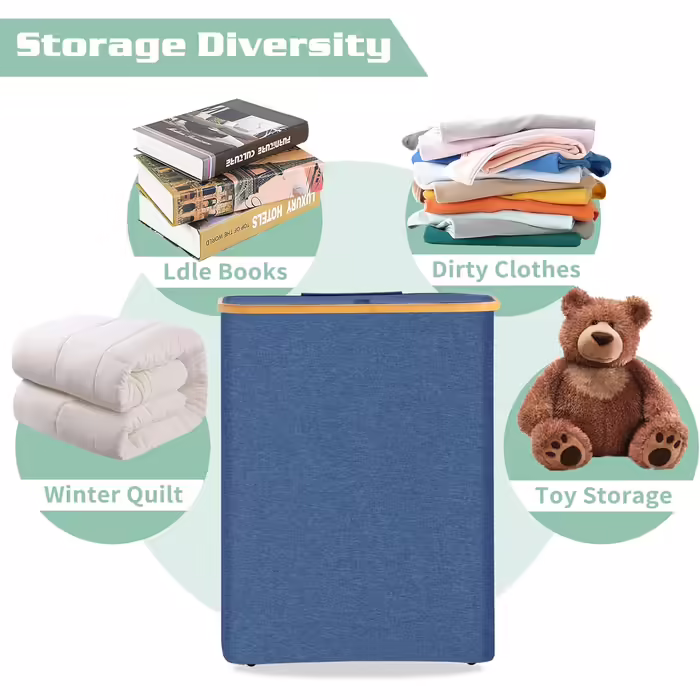 BRIAN & DANY Laundry Basket 3 Compartments with Lid, Laundry Collector, Laundry Sorting System, Removable, Water-Repellent, Foldable Laundry Box, Narrow Laundry Basket 145L for the Family XXL Blue