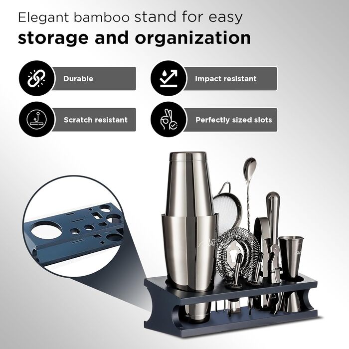 Набір бармена для приготування коктейлів Black Boston 13 шт. з японським джиглером та стійкою, з нержавіючої сталі