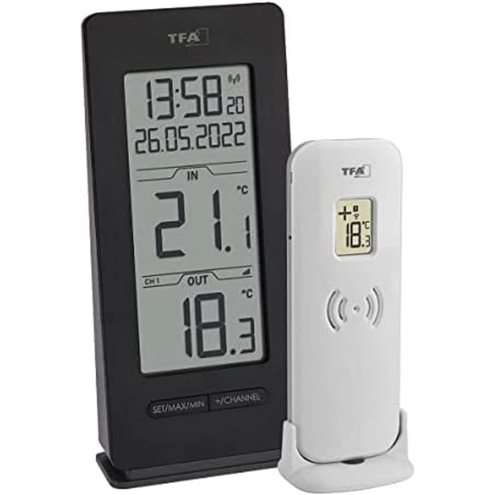 TFA Dostmann Funk Thermometer Indoor/Outdoor, 30.3072.01.90, including radio clock and date, Max.-Min. function, wireless, Amazon Exclusive, black