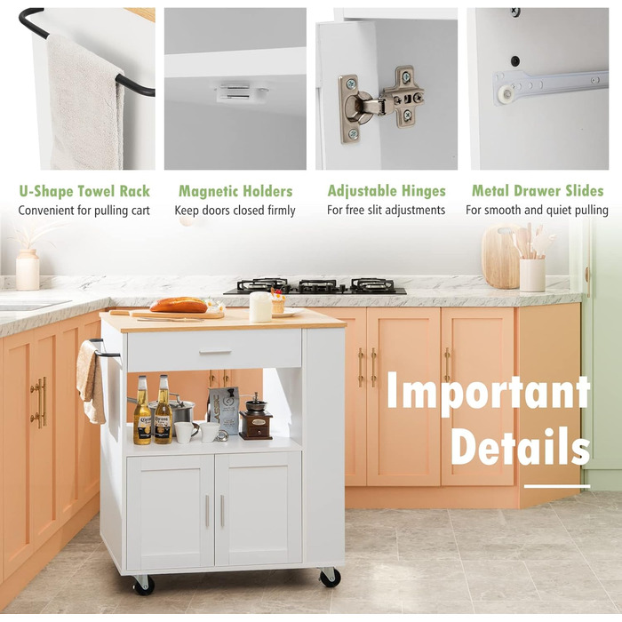 Giantex Rolling Kitchen Cart with Drop Leaf Top, Kitchen Island with Storage, Mobile Kitchen Island Wood, Kitchen Storage Cabinet Serving Cart with Drawer & 3 Shelves (White)