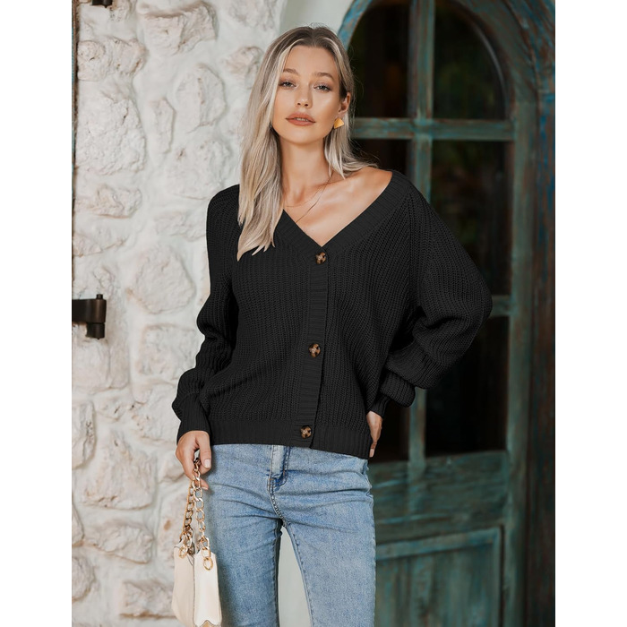 Жакет жіночий короткий в'язаний кардиган Hotouch з V-подібним вирізом та кнопками, відкритий спереду, светр, елегантний, повсякденний (XS, Чорний)