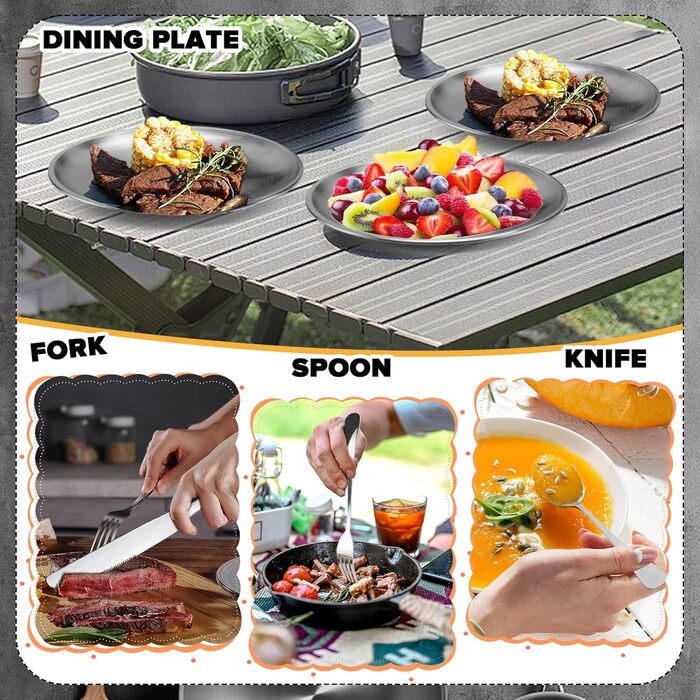 Набір посуду для кемпінгу на 4 особи, 22 шт. Посуд для відпочинку на природі, столові прибори (ложки, виделки, ножі), фіксатори для тарілок, серветки для миття. Ідеально для пікніків та подорожей.