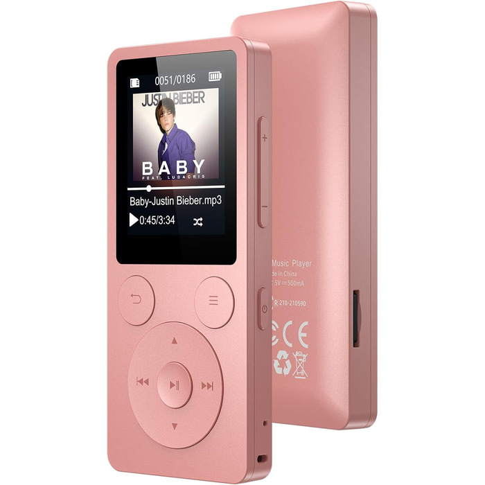 MP3 плеєр 32GB з Bluetooth 5.3 та вбудованим динаміком, FM-радіо, диктофон, HiFi-звук, розширювач пам'яті до 128GB, рожевий