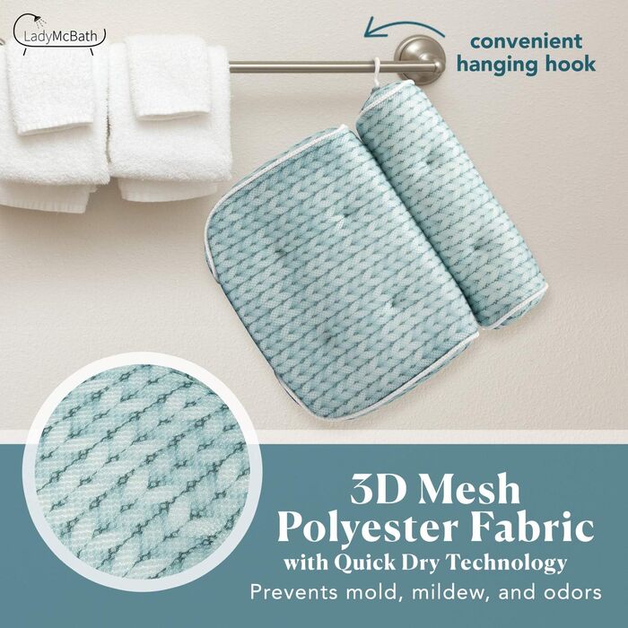 Lady McBath Bathtub Pillow – Luxury Bathtub Pillow for Tub, Neck and Back Support, Powerful Suction Cups, Machine Washable, Bathtub Accessory for Relaxation (Turquoise)