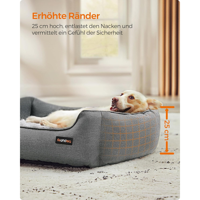 Ліжко для собак Feandrea, м'який лежак для собак з льоновим покриттям, кошик для собак, підняті бортики, неслизьке дно, знімний та пральний чохол, L, для середніх собак, 90 x 75 x 25 см, світло-сірий