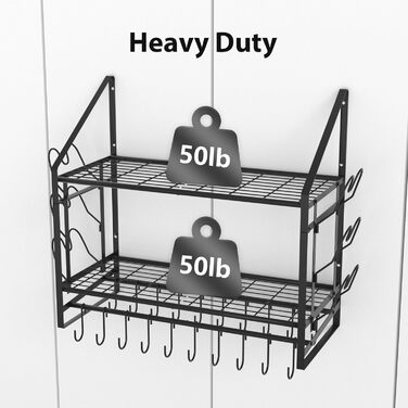 Hanging Pot Rack, 2 Tiers, Pots and Pans Organizer, Wall Mount, with 20 Hooks and 6 Lid Holders, Sturdy Steel Pot and Pan Hanger for Kitchen, Cookware, Utensils