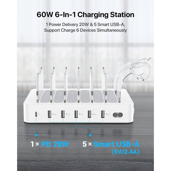 Зарядна станція SooPii USB 60W/12A, 6 портів з PD 20W для iPhone/Samsung, тримач для Apple Watch, 6 кабелів у комплекті - біла