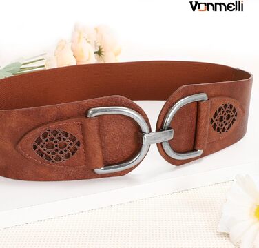 Жіночий ремінь VONMELLI Vintage з широкою пряжкою, еластичний, для суконь та пальто, колір кава, розмір M (84-94 см)