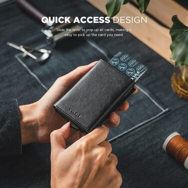Чоловіче шкіряне картхолдер VULKIT з RFID-захистом, поп-ап, з відділом для грошей та віконцем для ID, чорний