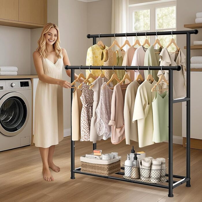 MISSLO Двоярусна вішалка для одягу, міцна, переносний гардероб для спальні, вітальні (чорний)