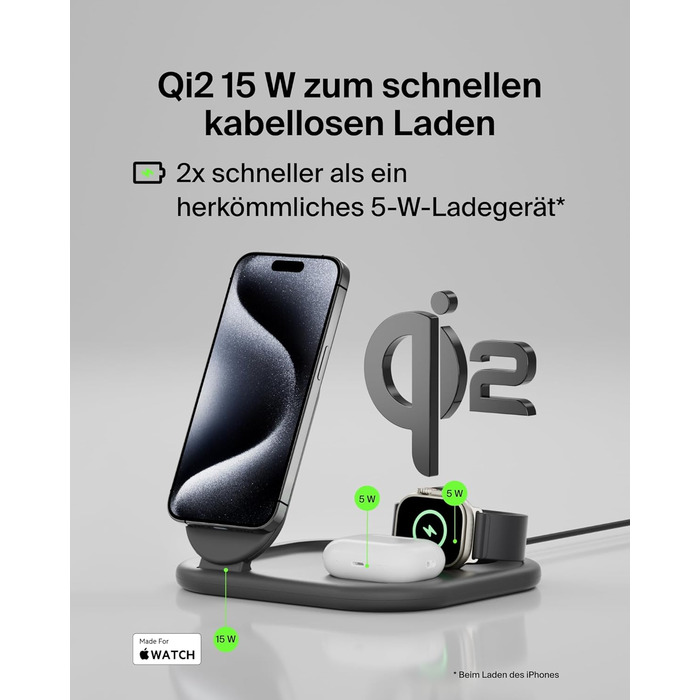 Зарядний пристрій Belkin BoostCharge 3-в-1 з підтримкою MagSafe Qi2, 15 Вт, складаний підставка для iPhone, Apple Watch, AirPods, з адаптером живлення – Чорний