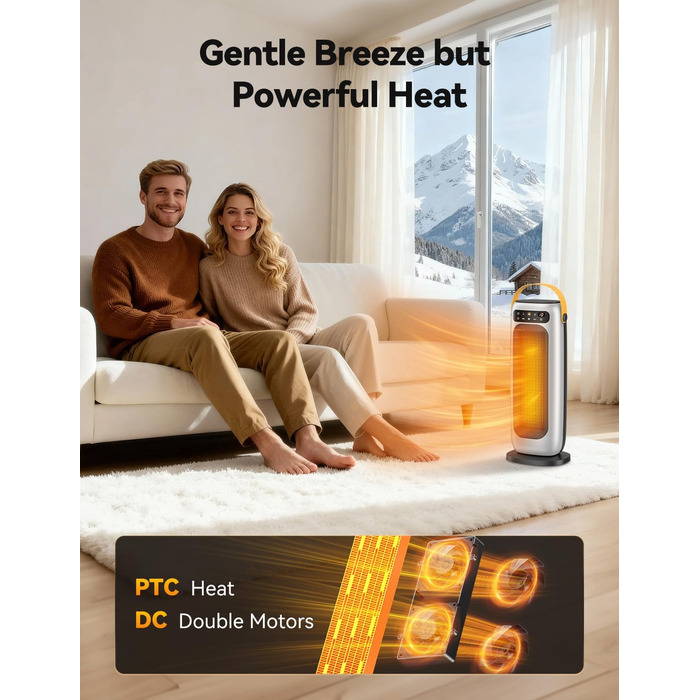 Електричний обігрівач PTC керамічний 1500W з пультом, 4 режими, осциляція 110°, таймер 1-10 год, захист від перегріву та перекидання. Компактний обігрівач для дому (сріблястий)