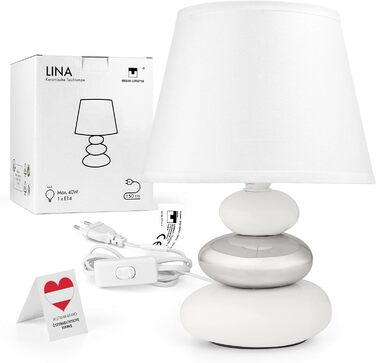 Нічна лампа 'Ліна' - керамічна настільна лампа з абажуром з тканини, сумісна з LED, цоколь E14, 230V, для вікна, дивана, підвіконня (білий/сріблястий)