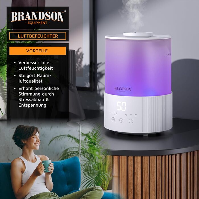 Зволожувач повітря Brandson з дисплеєм, 2.5 л, 3 режими, регулювання вологості, тихий, LED-підсвітка, таймер, нічний режим, для вітальні та спальні
