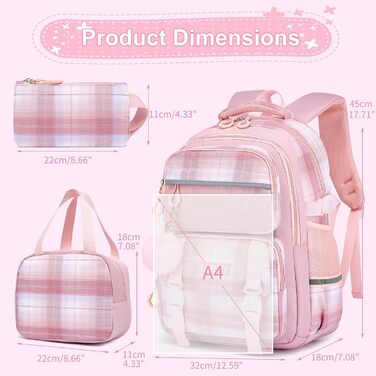 Шкільний рюкзак для дівчинки з візерунком, дихаючий та водовідштовхуючий рюкзак для 1-5 класів (рюкзак для дітей + ізольована ланч-торбинка + пенал, Рожевий)