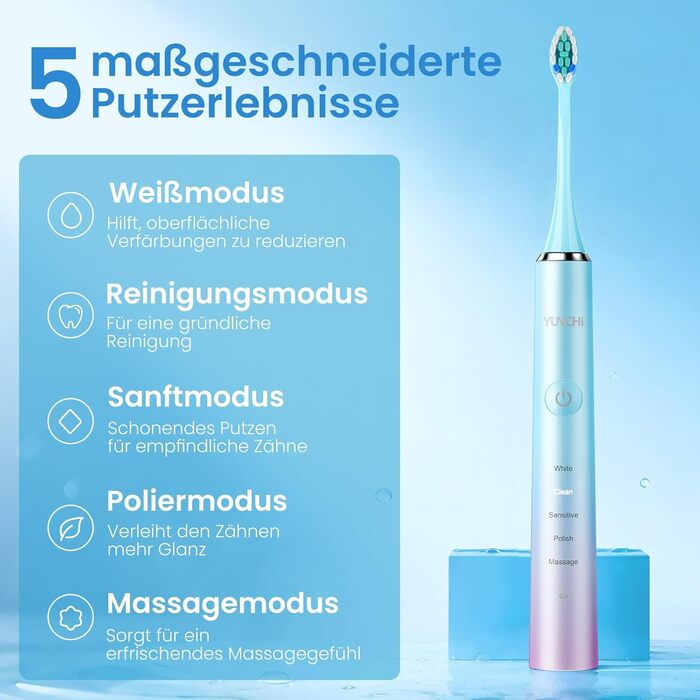 Електрична зубна щітка YUNCHI C2 з 40000 VPM, звукова щітка для дорослих, зарядка USB-C, 55 днів роботи від акумулятора, 5 режимів чищення, таймер 2 хвилини, 8 насадок, дорожній футляр, чорний (Ycyc-y7 Blue)