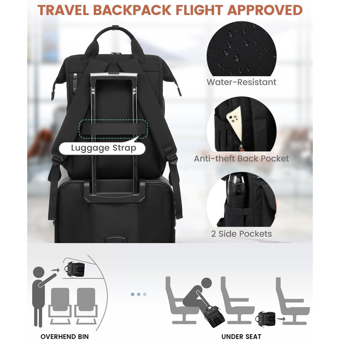 LOVEVOOK Рюкзак для жінок, 18 дюймів, водонепроникний, рюкзак для подорожей, ручна поклажа, чорний з кишенею для кабелю, відділенням для ноутбука, рюкзак на день для школи, університету, бізнесу та подорожей, 18 дюймів, чорний