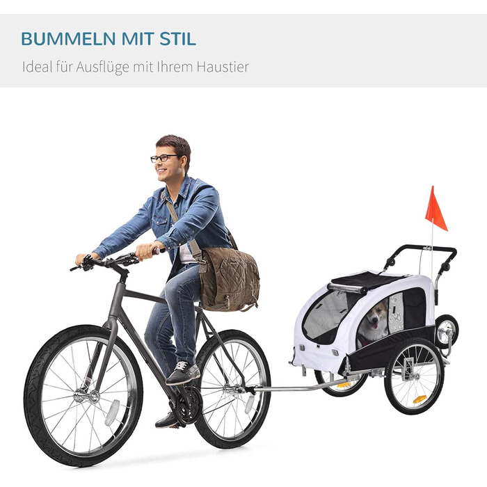 PawHut 2-в-1 Причіп для собак, велосипедний причіп для собак, візок для собак з відбивачами, прапором, причіп для собак PawHut, візок для собак, Oxford-тканина білий/чорний
