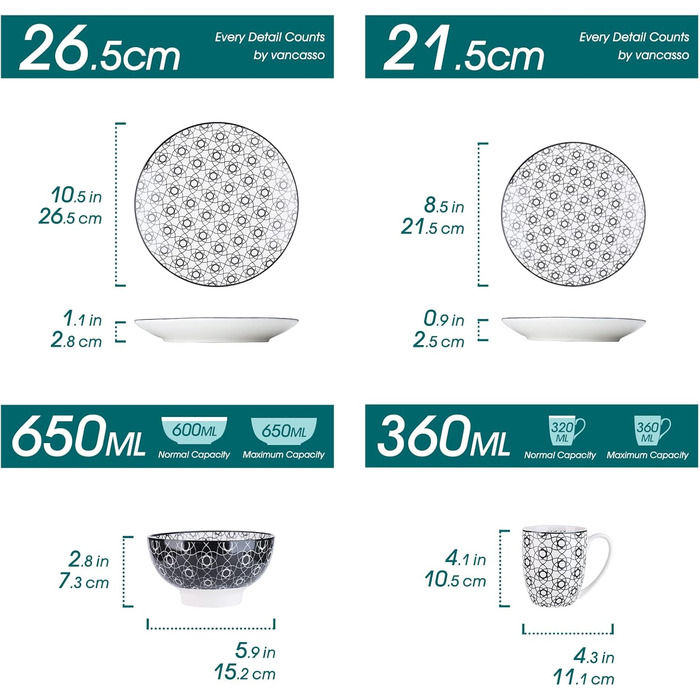 Набір посуду Vancasso Haruka 16 предметів: тарілки для їжі (26.5 см), десертні тарілки (21.5 см), миски для каші (15.2 см) та чашки (360 мл) чорного та кремового кольорів