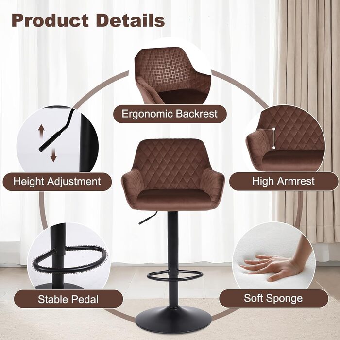 Ralex Adjustable Swivel Bar Stools 2-Pack - Velvet Upholstered Counter Height Stools with Backrest & Armrests for Kitchen, Bar & Countertops (Brown)