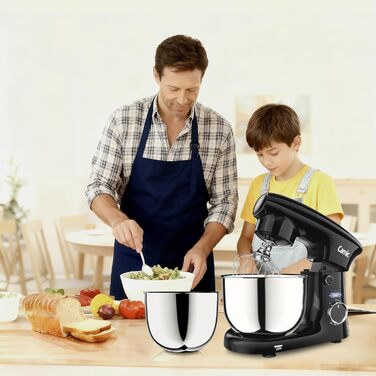 Кухонний комбайн-міксер Camic з LED-дисплеєм, 10 швидкостей, 3 насадки (вінчик, міксер, гак) та 2 чашами з нержавіючої сталі 4л і 5л для тіста, хліба та тортів, чорний