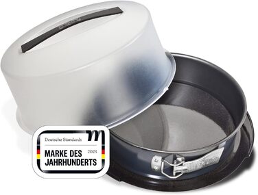 Zenker Springform with Transport Lid Ø 28 cm DELUXE, baking pan with enameled flat base and carrying lid, round cake pan for juicy cake to go (Color: Metallic Black), Quantity: 1 piece